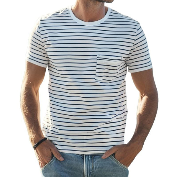 Men's Casual Cotton Blended Striped Round Neck Patch Pocket Short Sleeve T-Shirt 57951050M