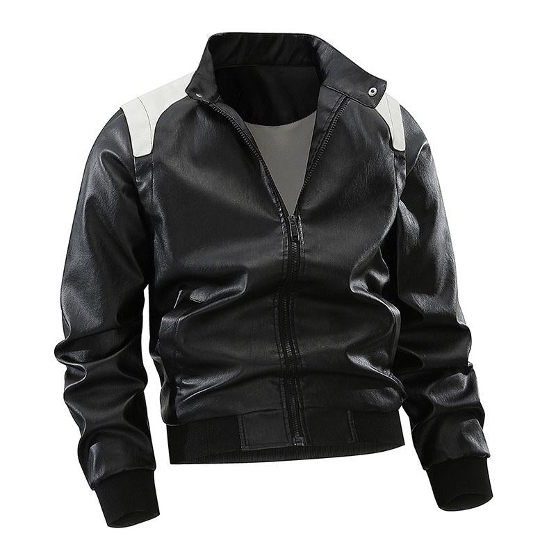 Men's Stylish Contrast Stand Collar Zipper Leather Jacket 79800222M
