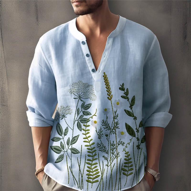 Men's Loose Printed Linen Cotton Stand Collar Shirt 55123877X