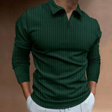 Men's Casual Solid Color Striped V-Neck Long Sleeve POLO Shirt 93502950Y