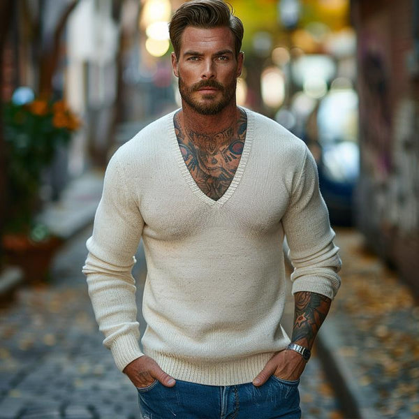 Men's Casual Solid Color V-Neck Slim Fit Long Sleeve Knitted Sweater 01086176M