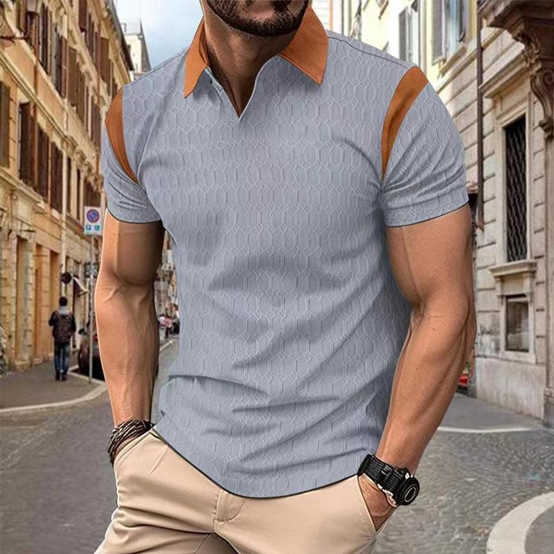 Men's Waffle Color Block Lapel Short Sleeve POLO Shirt 65522178X