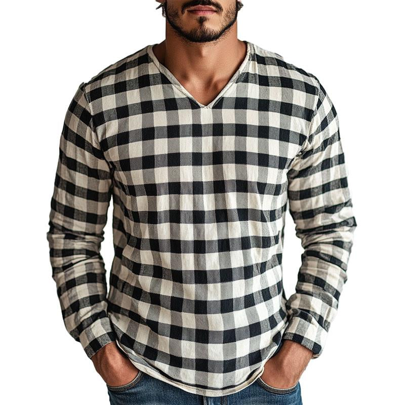 Men's Cotton and Linen V-neck Plaid Long-sleeved T-shirt 90531915X