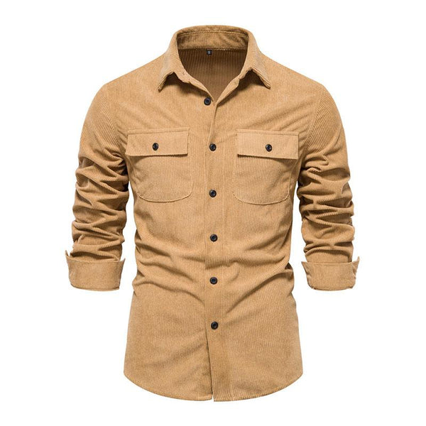 Men's Casual Solid Color Corduroy Slim Lapel Long Sleeve Shirt 09000742M