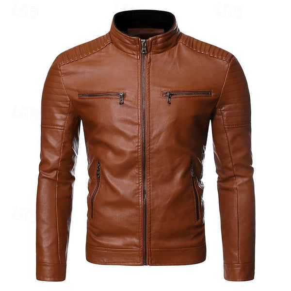 Men's Casual Stand Collar Zippered Chest Pocket Motorcycle Leather Jacket 46350057Y