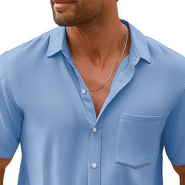 Men's Solid Color Thin Pocket Short Sleeve Shirt 60471964X