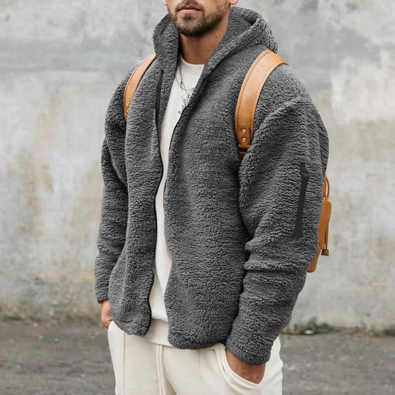 Einfarbige, warme, lockere Doppelfleece-Kapuzenjacke für Herren 18771046X