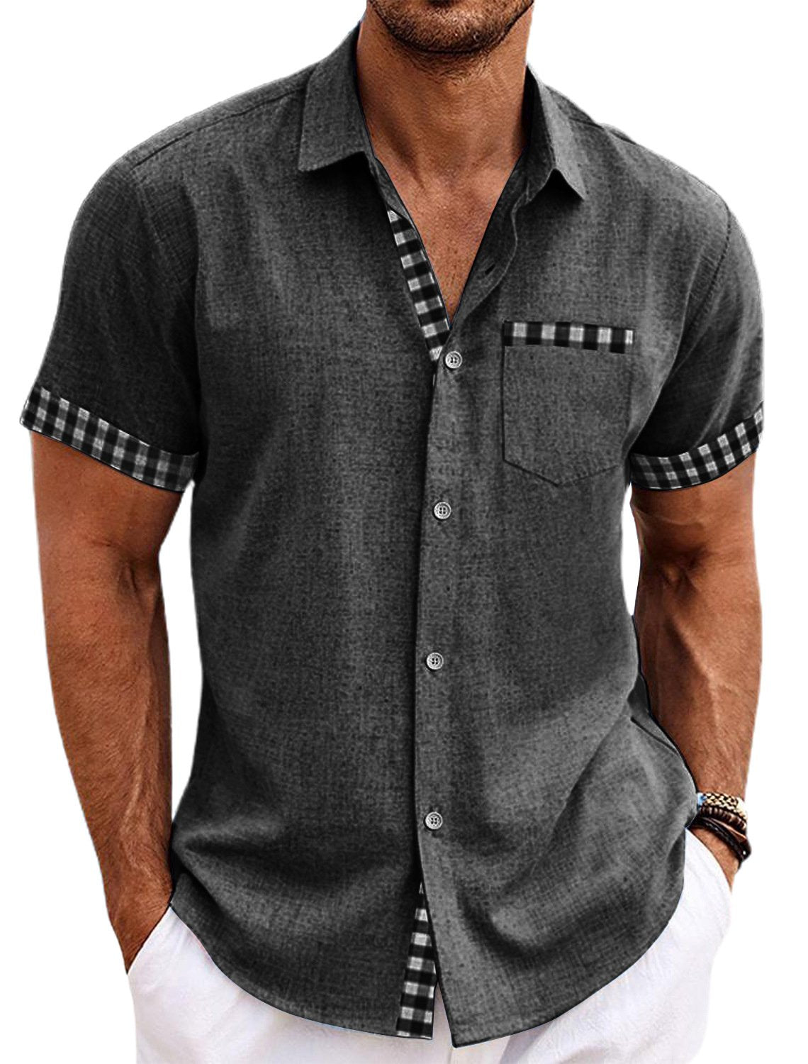 Men's Plaid Lapel Short Sleeve Shirt 11387978Y