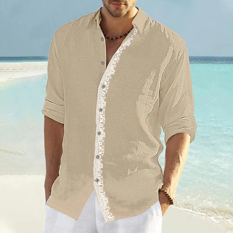 Men's Casual Printed Panel Lapel Long Sleeve Shirt 30730697Y