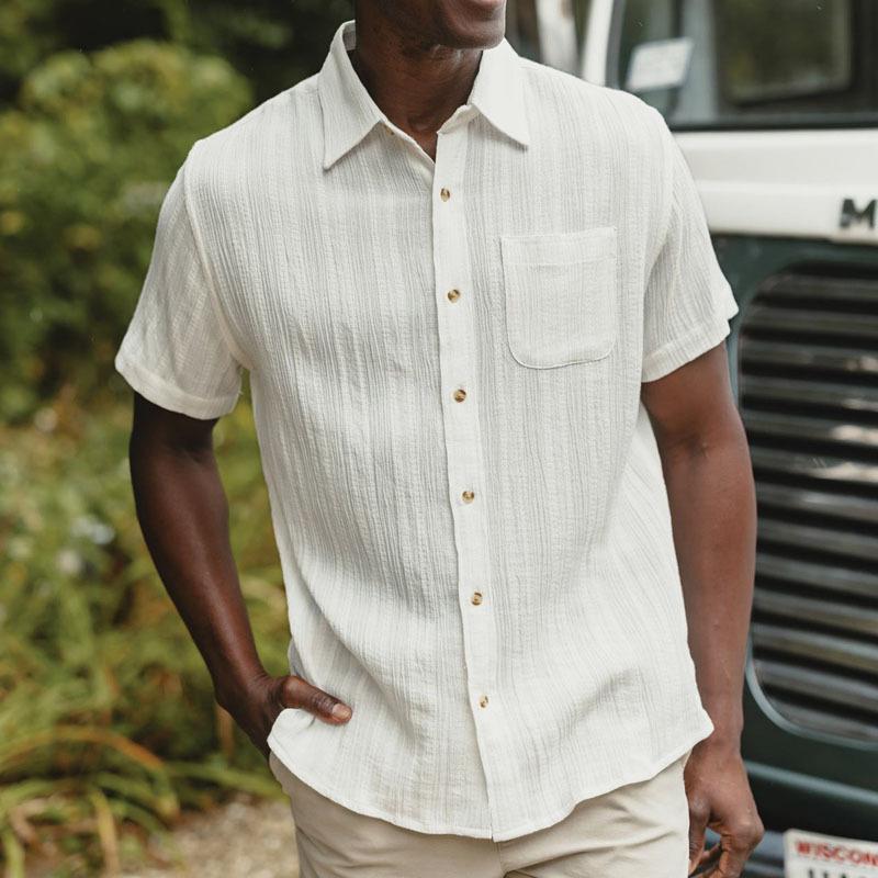 Men's Stylish Textured Lapel Patch Pocket Slim Short Sleeves Shirt 06427776M
