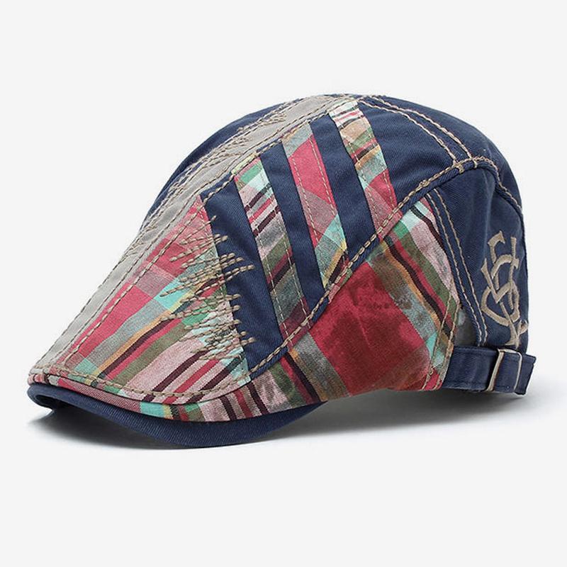 Men's Retro Stitching Plaid Beret Hat 35528198U