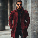 Men's Vintage Classic Stand Collar Thigh-Length Pocket Zipper Suede Coat 38493691K