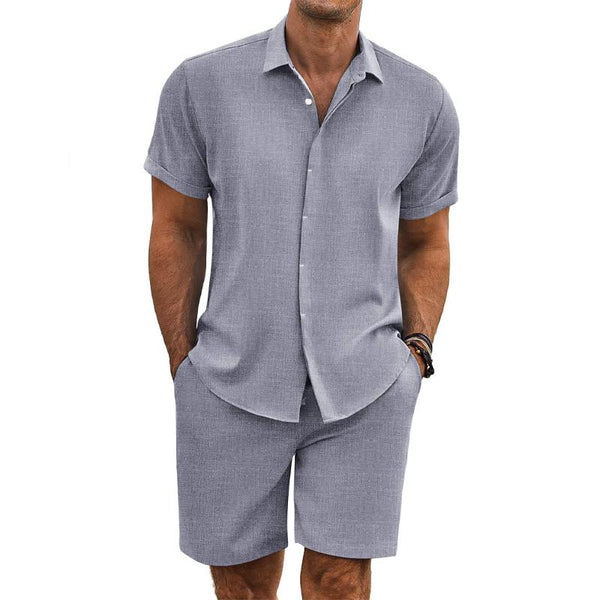 Men's Solid Color Lapel Short Sleeve Shirt Shorts Set 80438420Y