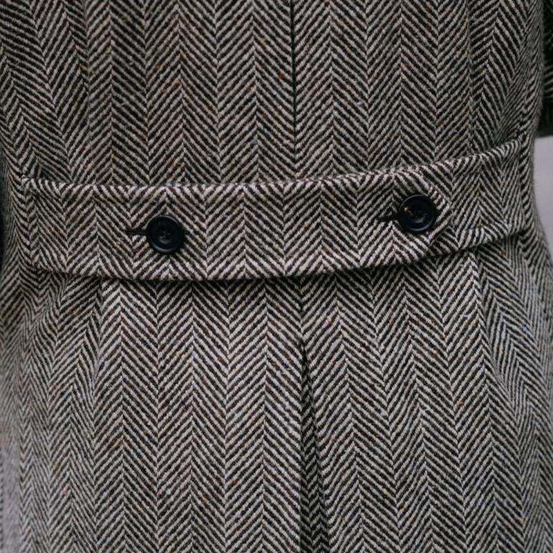 Men's Vintage Herringbone Lapel Double Breasted Slim Mid-length Coat 68525985M