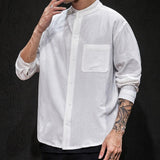 Men's Casual Solid Color Cotton Linen Stand Collar Loose Long Sleeve Shirt 31690452M