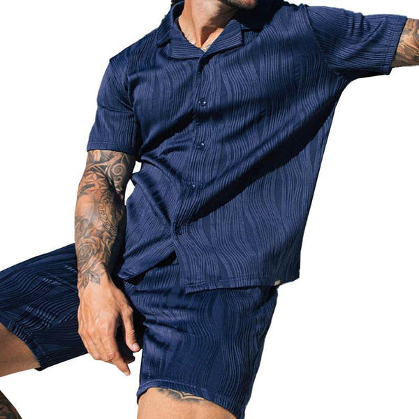 Men's Casual Striped Jacquard Lapel Short Sleeve Shirt Loose Shorts Set 41035447M