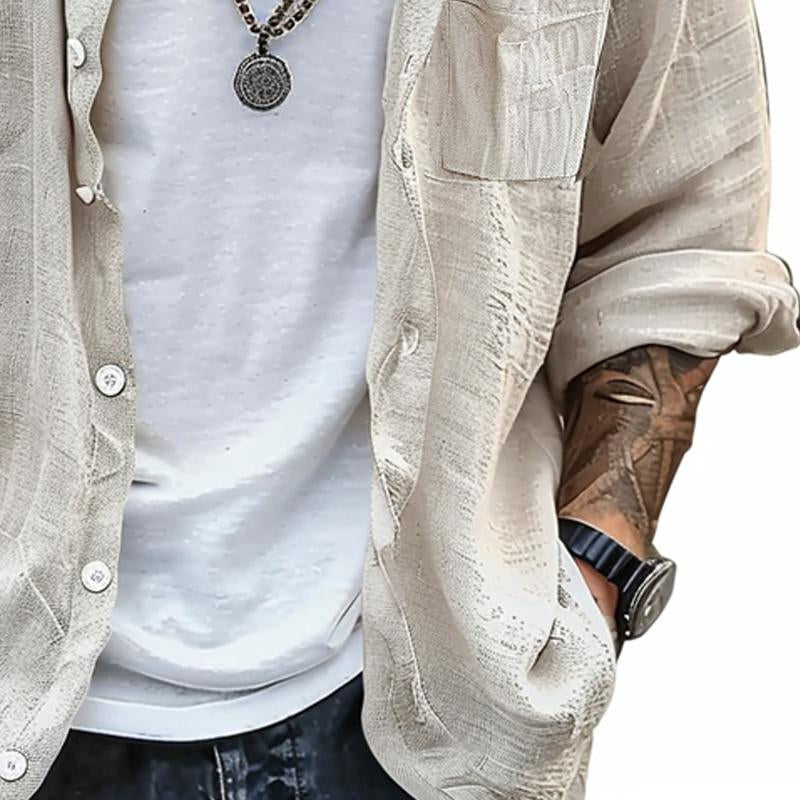 Men's Casual Solid Color Chest Pocket Round Neck Long Sleeve OverShirt 98550355Y