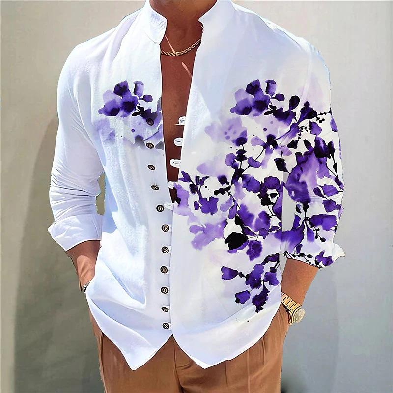 Men's Casual Stand Collar Floral Printed Button Long Sleeve Shirt 30928511M