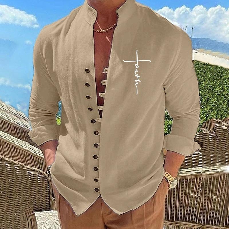 Men's Cotton Linen Long Sleeve Solid Color Stand Collar Casual Shirt 38142326X