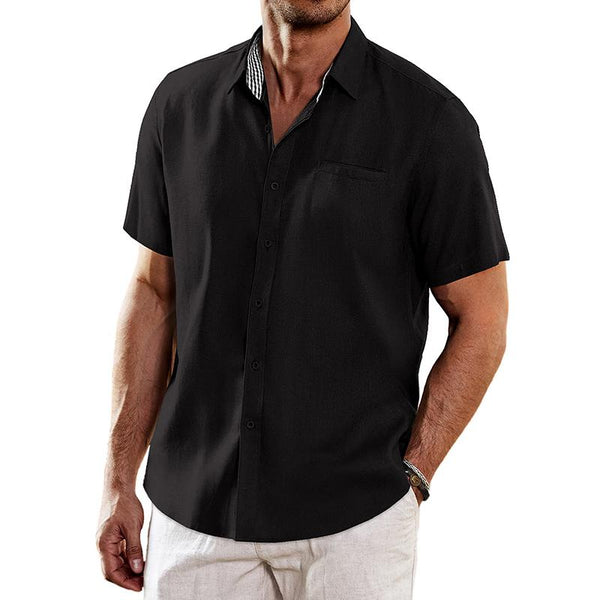 Men's Cotton and Linen Solid Color Lapel Short-sleeved Shirt 58692654X