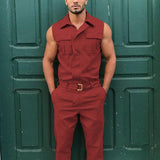 Men's Casual Solid Color Zipper Sleeveless Shirt Jumpsuit 50948354Y
