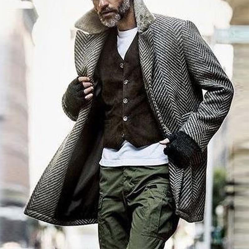 Men's Vintage Herringbone Fabric Spliced Fur Collar Coat 32573111Y