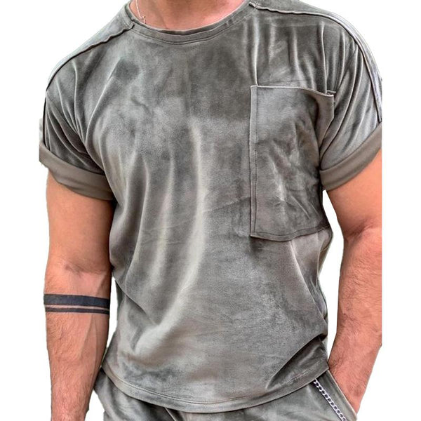 Men's Round Neck Velvet Short Sleeve T-shirt 31011391X