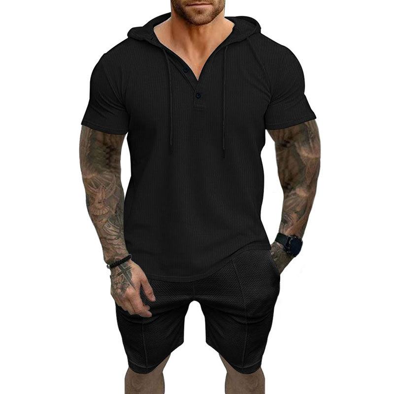 Men's Waffle Hooded Short Sleeve T-Shirt Shorts Set 47432865Y