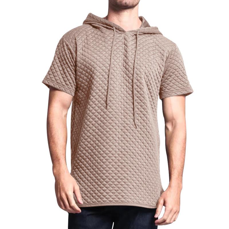 Men's Small Square Texture Fabric Solid Short Sleeve Hoodie 37073650Z