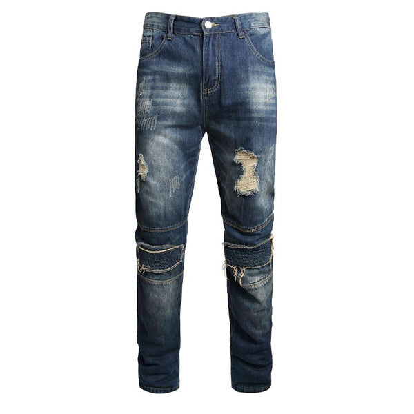 Men's Ripped Embroidered Denim Motorcycle Pants 93061315X