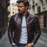 Men's Fashion Leopard Print Stand Collar Zipper Slim Fit Leather Jacket 32750677M