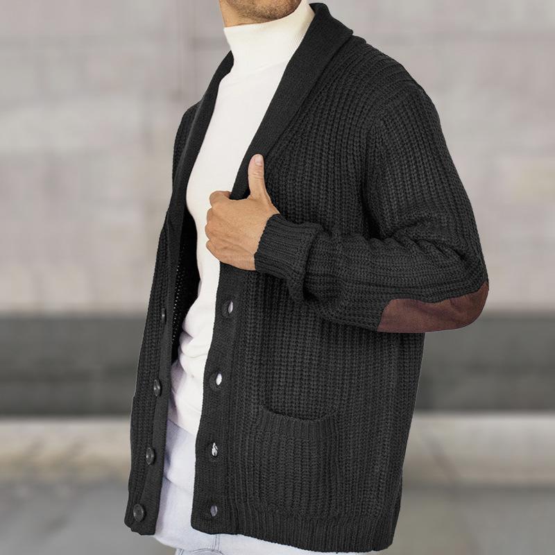 Men's Casual Suede Patchwork Lapel Long-Sleeved Knitted Cardigan 45333238M