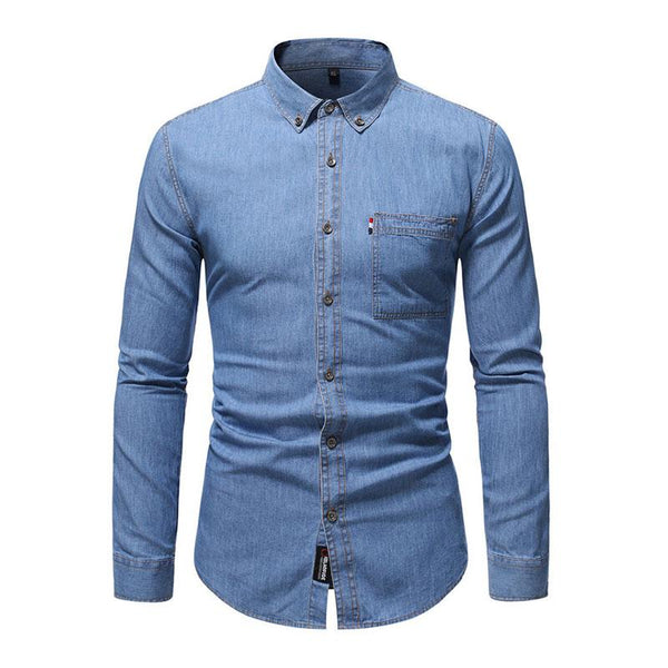 Men's Casual Cotton Denim Lapel Long Sleeve Shirt 37495288M
