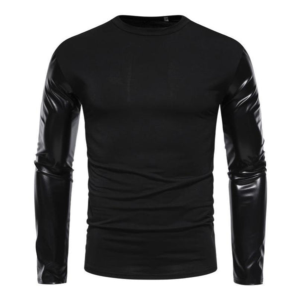 Men's Casual Round Neck Leather Sleeve Long Sleeve T-Shirt 67052634X