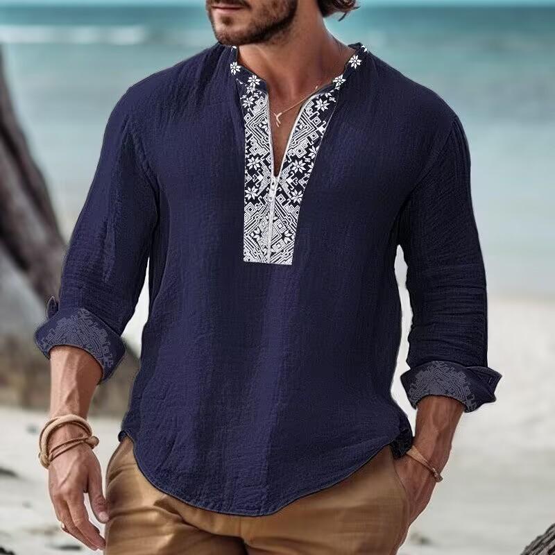 Men's Printed Zipper V Neck Long Sleeve Cotton Linen Loose Shirt 90551232Z