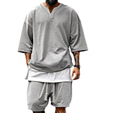 Men's Solid Color Loose V-Neck Short-Sleeved T-Shirt Shorts Set 80546626Y