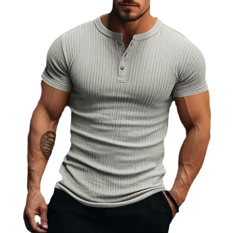 T-shirt Henley à manches courtes en tricot extensible décontracté pour hommes 00095453X