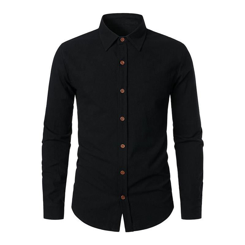 Men's Casual Solid Color Cotton Linen Lapel Long-Sleeved Shirt 68925597M