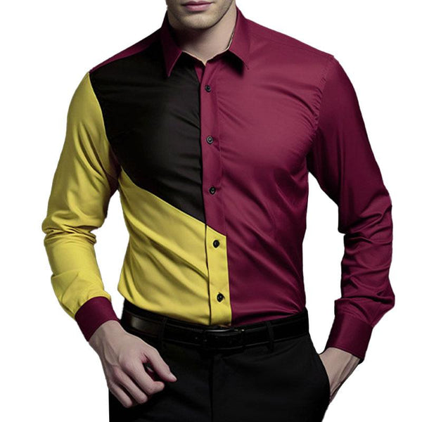 Men's Fashion Color Block Patchwork Lapel Long Sleeve Shirt 45869826M