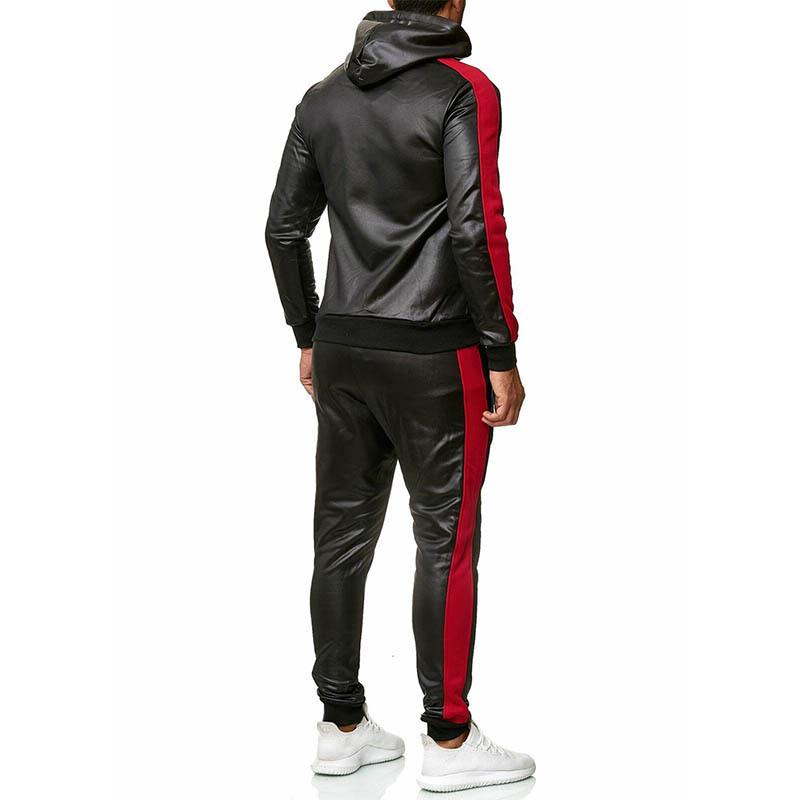 Men's Casual Slim Fit Stitching PU Leather Hoodie Fit Sweatpants Set  10873338K