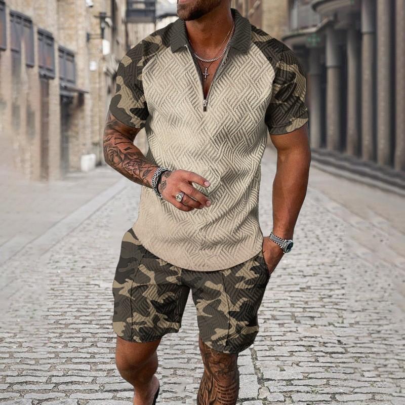 Men's Camouflage Print Short Sleeve Zip Shorts Set 95337992X
