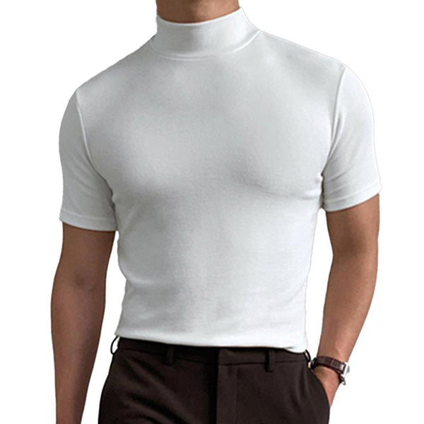 Men's Casual High Collar Solid Color Slim Short Sleeve T-Shirt 20585766M