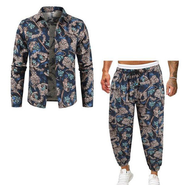 Men's Cotton and Linen Casual Long-sleeved Trousers Printed Two-piece Set 89547863X