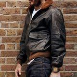 Men's Vintage Fur Collar Flap Pockets Distressed Leather Zip Bomber Jacket 85089711M