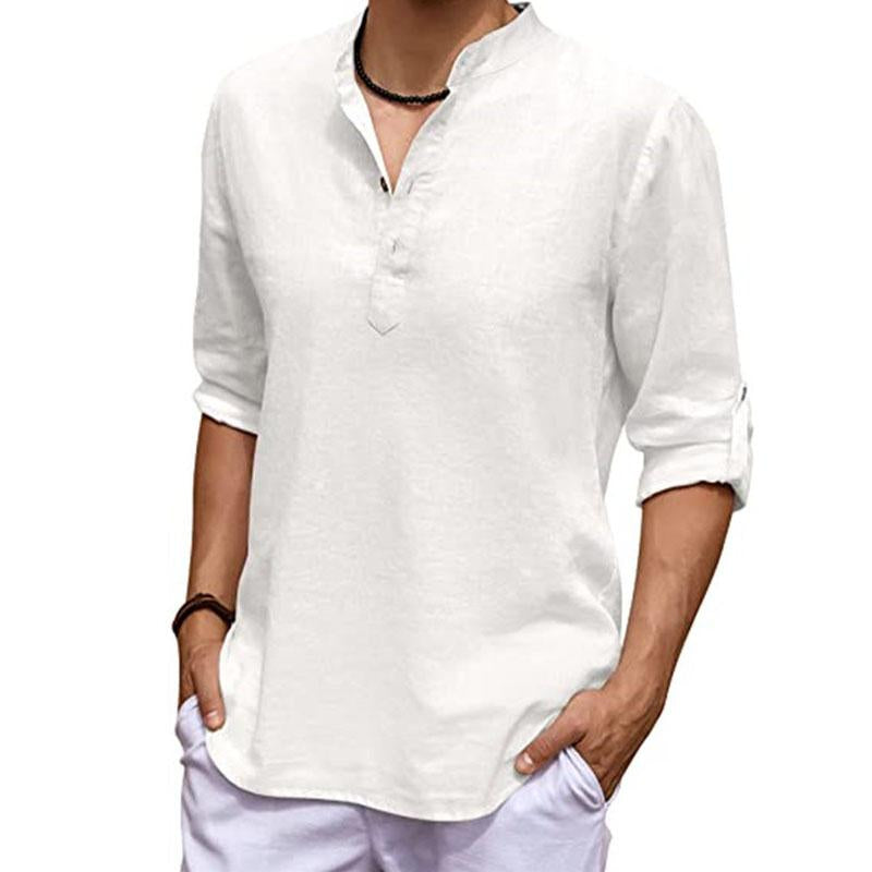 Men's Casual Cotton Linen Stand Collar Loose Long Sleeve Shirt 86402110M