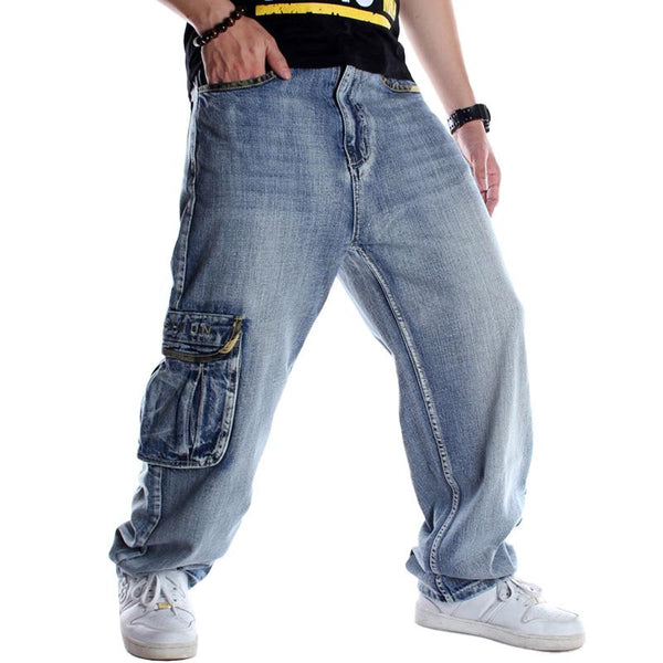 Men's Vintage Washed Distressed Multi-Pocket Loose Hip Hop Denim Trousers 11693747M