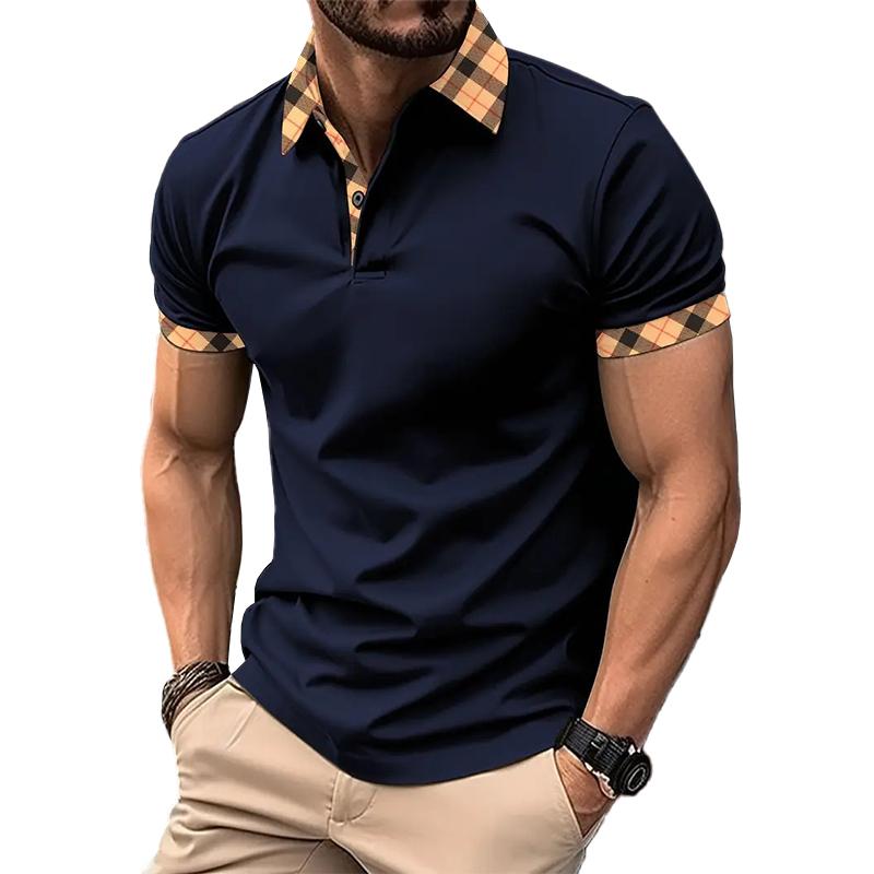 Men's Casual Lapel Plaid Pattern Slim Fit Short Sleeve Polo Shirt 22986614M