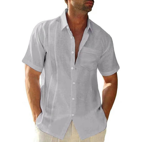 Men's Casual Solid Color Cotton Linen Lapel Pocket Single Breasted Short Sleeve Shirt 28018313M