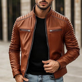 Men's Casual Stand Collar Zippered Chest Pocket Motorcycle Leather Jacket 46350057Y