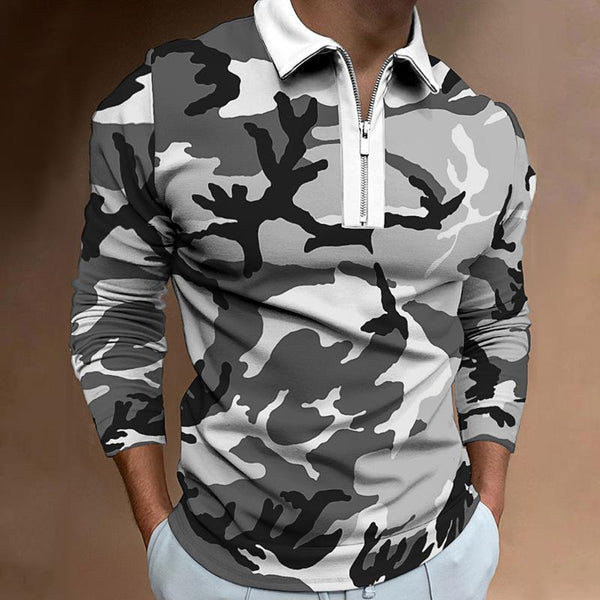 Men's Casual Camouflage Print Zipper Long Sleeve Polo Shirt 74747454Y